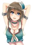  1girl armpits arms_behind_head arms_up blue_eyes breasts brown_hair cleavage collarbone crop_top hair_between_eyes hair_ornament hairclip headgear highres kanenone kantai_collection large_breasts looking_at_viewer maya_(kantai_collection) midriff open_mouth remodel_(kantai_collection) sailor_dress school_uniform serafuku shirt short_hair showing_armpits simple_background sleeveless sleeveless_shirt smile solo upper_body white_background 