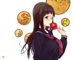  1girl apple breasts brown_eyes brown_hair candy_apple food fruit glasses large_breasts long_hair original sasamori_tomoe school_uniform simple_background solo white_background 