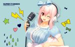  1girl 3d ;d blush bow breasts headphones highres large_breasts long_hair looking_at_viewer mascot nitroplus open_mouth pink_hair red_eyes smile solo super_sonico wallpaper wink 