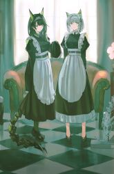  2girls absurdres apron arknights black_dress black_hair black_shoes chair character_request closed_mouth commentary dress expressionless full_body highres indoors kal'tsit_(arknights) long_hair looking_at_viewer maid maid_apron multiple_girls shoes short_hair standing waist_apron white_apron white_hair yuishironeko 