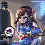 &gt;:t 1girl :t bangs blinds blunt_bangs blush bodysuit bracer brown_hair character_name controller d.va_(overwatch) facial_mark famicom figure game_cartridge game_console game_controller gloves glowing hana_song headphones hips holding indian_style indoors long_hair looking_to_the_side mecha motion_blur orange_eyes overwatch phandit_thirathon playing_games serious sitting sketch small_breasts solo speech_bubble spread_legs sweat television turtleneck watermark web_address window 