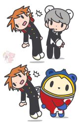  3boys animal_ears animal_hands bear_ears brown_hair cosplay fake_animal_ears gloomy_bear gloomy_bear_(cosplay) hanamura_yousuke headphones headphones_around_neck itazuraguma_no_gloomy kuma_(persona_4) multiple_boys narukami_yu nt_26 parody persona persona_4 school_uniform slapping yasogami_school_uniform 