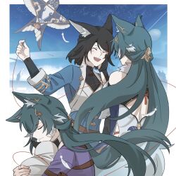  2girls animal_ear_fluff animal_ears black_hair blue_shirt closed_eyes commentary english_commentary fang fox_ears fox_girl green_hair hand_on_another's_face highres holding_kite honkai:_star_rail honkai_(series) kite long_hair long_sleeves mother_and_daughter multiple_girls open_mouth qingni_(honkai:_star_rail) sc2_22 shirt short_hair smile very_long_hair yukong_(honkai:_star_rail) 