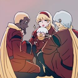  1girl 2boys albert_heinrich black_boots blonde_hair boots coat cyborg_009 francoise_arnoul hair_over_eyes hairband holding_baby ivan_whisky light_smile long_hair multiple_boys pacifier pyunma red_coat red_hairband sariokisu scarf short_hair yellow_scarf 