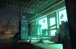  abandoned absurdres aimeedrawsstuff bare_tree box can car cardboard_box complex_exterior freezer gas_station headlight_beam highres motor_vehicle newspaper_box night original paper plank power_lines road scenery spare_tire traffic_cone tree unused_tire utility_pole wheel 