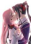  2girls akashi_(kantai_collection) black_hair blush closed_eyes kamotama kantai_collection kiss long_hair multiple_girls nachi_(kantai_collection) pink_hair pocky pocky_day ponytail side_ponytail twitter_username yuri 