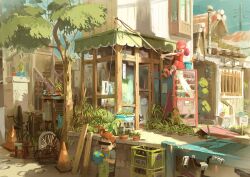  1boy 1girl air_conditioner architecture aymeric_kevin bicycle black_cat blue_sky building cat child city complex_exterior day english_commentary fence fishing_rod holding house original outdoors plank plant potted_plant power_lines scenery sitting sky sunlight traffic_cone tree vending_machine wheel window 