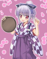  1girl 3.1-tan blunt_bangs blush eyebrows_visible_through_hair grin hair_bow heart open_mouth os-tan ponytail purple_dress purple_hair red_eyes short_ponytail tsurime 