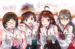  4girls absurdres bare_shoulders black_hair box brown_hair curry curry_rice detached_sleeves food gift gift_box glasses hairband happy_birthday haruna_(kantai_collection) headgear hiei_(kantai_collection) highres japanese_clothes kantai_collection kirishima_(kantai_collection) kongou_(kantai_collection) long_hair monochrome multiple_girls nontraditional_miko open_mouth remodel_(kantai_collection) short_hair smile yinzhai 
