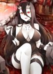  1girl battleship_hime black_dress black_hair breasts cleavage covered_nipples dress fang horns kantai_collection large_breasts long_hair oni_horns open_mouth pale_skin ray83222 red_eyes shinkaisei-kan short_dress solo spaghetti_strap turret very_long_hair white_skin 