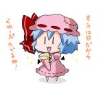 1girl :3 bat_wings blue_hair bow brooch chibi commentary crepe detached_wings dress fang hat hat_bow jewelry mob_cap noai_nioshi patch pink_dress pink_hat puffy_short_sleeves puffy_sleeves red_bow remilia_scarlet short_hair short_sleeves solo sparkle touhou translated wings |_| 