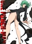  1girl ass black_dress chikuishi commentary_request curly_hair dress from_behind from_below green_eyes green_hair looking_at_viewer looking_back no_panties onepunch_man pelvic_curtain short_hair side_slit solo tatsumaki 