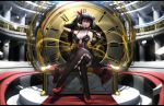  1girl adjusting_hair analog_clock arm_strap black_hair black_legwear blur bow breasts cleavage clock crossed_legs date_a_live detached_sleeves dress gun hair_ribbon heterochromia highres hk_(hk) holding letterboxed lolita_fashion long_hair looking_at_viewer open_mouth red_eyes ribbon roman_numerals sitting solo thigh-highs tokisaki_kurumi twintails weapon yellow_eyes 