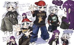  2girls :3 alternate_costume backwards_hat black_shirt blue_pants chain chain_necklace closed_mouth commentary contemporary cosplay disturbed_(band) emo_fashion english_commentary english_text fern_(sousou_no_frieren) fred_durst fred_durst_(cosplay) frieren full_body green_eyes grey_hair grey_pants hat highres jewelry kecchi0 layered_sleeves limp_bizkit linkin_park long_hair long_sleeves multiple_girls necklace pants pointy_ears purple_hair red_hat shirt short_over_long_sleeves short_sleeves simple_background slipknot smile sousou_no_frieren system_of_a_down t-shirt violet_eyes white_background 