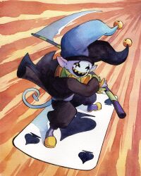  1boy black_hat black_shirt blue_hat boots card deltarune full_body hat highres holding holding_scythe jester_cap jevil mosqi multicolored_boots multicolored_hat playing_card pointy_ears purple_boots scythe sharp_teeth shirt smile tail teeth yellow_boots yellow_eyes 