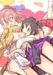  3girls :d akagi_miria ass black_hair black_panties blonde_hair blush bow brown_eyes closed_eyes hair_bow hair_ornament haruichi highres hug idolmaster idolmaster_cinderella_girls jougasaki_mika jougasaki_rika long_hair multiple_girls open_mouth panties pantyshot pink_hair ponytail short_hair sketch smile twintails two_side_up underwear white_panties 