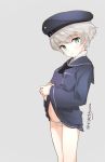  1girl blue_eyes blush clothes_writing eight_tohyama hat highres kantai_collection panties sailor_hat shirt_lift short_hair silver_hair solo underwear z1_leberecht_maass_(kantai_collection) 