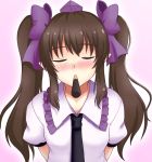 1girl arms_behind_back blush bow brown_hair closed_eyes commentary gomi_(gomitin) hair_bow hat himekaidou_hatate incoming_kiss long_hair mouth_hold necktie pocky pocky_day pointy_ears puffy_short_sleeves puffy_sleeves shirt short_sleeves solo tokin_hat touhou twintails 