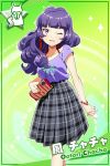  1girl artist_request bracelet card_(medium) character_name earrings green_background jewelry long_hair official_art one_eye_closed ootori_chacha plaid plaid_skirt purple_clothes purple_hair skirt solo sparkle tokyo_7th_sisters violet_eyes wavy_hair 