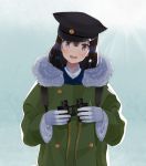  1girl akitsu_maru_(kantai_collection) binoculars black_hair eight_tohyama fur_coat gloves hat kantai_collection looking_at_viewer open_mouth short_hair solo violet_eyes white_gloves 