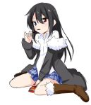  1boy bellezza_felutia black_hair blue_eyes boots crossdressinging felutiahime fur fur_boots heterochromia jacket long_hair original otoko_no_ko pocky red_eyes shirt sitting skirt ugg_boots wariza 