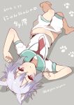  1girl animal_ears barefoot cat_ears eight_tohyama grey_background highres kantai_collection looking_at_viewer lying navel on_back purple_hair red_eyes school_uniform short_hair solo tama_(kantai_collection) upside-down 