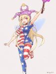  1girl alternate_legwear american_flag_legwear american_flag_shirt arm_up blonde_hair breasts clownpiece fairy_wings hat highres hyakunin_momoko jester_cap leg_up long_hair looking_to_the_side looking_up no_panties open_mouth short_sleeves simple_background small_breasts smile solo thigh-highs thighs torch touhou twitter_username very_long_hair violet_eyes wings zettai_ryouiki 