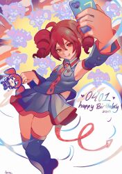 &gt;_&lt; 2025 :3 ahoge birthday black_boots black_bow black_dress black_necktie black_shirt black_shoes black_skirt black_sleeves black_thighhighs blush blush_stickers boots bow bowtie breast_pocket brown_cardigan buttons cardigan cellphone cheerleader clouds collared_shirt copyright_request crying dark_skin dated detached_sleeves dress dress_shirt drill_hair dual_persona explosion explosion_background feet_out_of_frame grey_jacket grey_skirt hair_between_eyes hands_up happy_birthday hat highres holding holding_mini_person holding_phone ianxy2 igaku_(utau) jacket kasane_teto kasane_teto_(halloween) kasane_teto_(sv) kepi leaning_back liar_dancer_(synthesizer_v) long_hair machine_love_(synthesizer_v) magical_miracle_metagalphose_(synthv) mesmerizer_(vocaloid) midriff_peek military_hat mini_person necktie no_fingers open_mouth phone pocket pom_pom_(cheerleading) red_bow red_bowtie red_eyes red_hair shirt shoes shoulder_belt skirt sleeveless sleeveless_shirt smartphone smile song_request sunglasses synthesizer_v taking_picture thigh-highs thigh_boots tongue tongue_out twin_drills twintails utau white_shirt wing_collar
