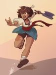  1girl ajna_(indivisible) axe brown_eyes brown_hair commentary indivisible open_mouth pehesse running sandals short_hair solo weapon 