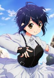  1girl 22/7 absurdres ahoge belt belt_buckle black_belt black_gloves black_hair blurry bodice brown_eyes buckle closed_mouth collared_dress cowboy_shot dancing day depth_of_field dress earrings fingerless_gloves floating_hair gloves highres igashiko jewelry long_sleeves necklace outdoors rock rock_wa_shinanai short_hair smile solo takigawa_miu wavy_hair white_dress 