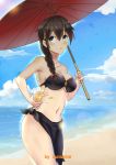  1girl absurdres artist_name beach bikini bird blue_eyes breasts brown_hair collarbone cup drink drinking_straw highres kantai_collection long_hair midriff navel open_mouth outdoors sand sarong shigure_(kantai_collection) sunshine_(1638509769) swimsuit umbrella water 