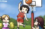  &gt;_&lt; 3girls basketball basketball_hoop basketball_uniform cheering cheerleader closed_eyes dated hamu_koutarou kantai_collection maikaze_(kantai_collection) multiple_girls myoukou_(kantai_collection) myoukou_pose noshiro_(kantai_collection) one_eye_closed pom_poms sportswear translated 