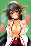  1girl bare_shoulders between_breasts black_hair breast_hold breasts collarbone commentary_request detached_sleeves green_background hair_between_eyes hair_ornament hairband hairclip haruna_(kantai_collection) headgear highres kantai_collection large_breasts long_hair looking_at_viewer nontraditional_miko pocky pocky_day red_eyes simple_background solo sweatdrop translation_request tsukui_kachou upper_body 