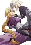  2girls armor blonde_hair blood blue_eyes braid capelet dark_persona dual_persona fate/grand_order fate_(series) gauntlets girl_on_top headwear injury jeanne_alter long_hair multiple_girls oiun ruler_(fate/apocrypha) ruler_(fate/grand_order) short_hair simple_background single_braid thigh-highs torn_clothes torn_thighhighs very_long_hair white_background yellow_eyes yuri zettai_ryouiki 