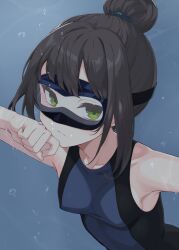  1girl absurdres air_bubble black_hair bubble collarbone competition_swimsuit diving_mask freediving goggles green_eyes hair_bun hamaguchi_ayame highres idashige_(walkietalkie) idolmaster idolmaster_cinderella_girls one-piece_swimsuit single_hair_bun solo swimsuit underwater 