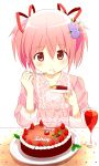  1girl birthday birthday_cake blush cake commentary_request food fruit happy_birthday highres kaname_madoka looking_at_viewer mahou_shoujo_madoka_magica pink_eyes pink_hair short_hair short_twintails smile solo strawberry su_meen twintails 