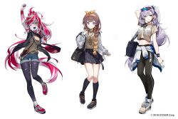  3girls :d ;d alternate_hairstyle anya_melfissa aqua_eyes arm_behind_head arm_up bag black_jacket black_pants black_pantyhose black_socks blonde_hair blue_shorts bow_hairband braid braided_bangs braided_ponytail bright_pupils brown_hair brown_shirt brown_shoes cahangonn center-flap_bangs closed_mouth clothes_around_waist colored_skin colored_tongue commentary copyright_notice cropped_shirt denim denim_shorts double-parted_bangs drill_hair drill_sidelocks english_commentary eyewear_on_head full_body gradient_hair grey_hair grey_skin grin hair_over_shoulder hairband high_ponytail hololive hololive_indonesia holoro jacket jacket_around_waist jewelry kneehighs kureiji_ollie long_hair looking_at_viewer midriff miniskirt multicolored_hair multiple_girls navel necklace official_alternate_costume official_art one_eye_closed open_mouth pants pantyhose parted_bangs pavolia_reine plaid_clothes plaid_skirt pleated_skirt ponytail purple_tongue red_hair red_shoes scrunchie shirt shirt_tucked_in shoes short_shorts shorts shoulder_bag sidelocks simple_background skirt sleeveless sleeveless_jacket smile sneakers socks stitched_arm stitched_face stitches streaked_hair swept_bangs symbol-shaped_pupils t-shirt torn_clothes torn_pantyhose very_long_hair violet_eyes virtual_youtuber wavy_hair white_background white_jacket white_pupils wrist_scrunchie wristband x-shaped_pupils yellow_eyes zombie 