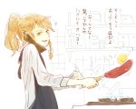  1girl alternate_hairstyle blonde_hair braid cellphone contemporary cooking food highres kirisame_marisa menbou_(nonnontako) open_mouth phone ponytail side_braid talking_on_phone text touhou translation_request yellow_eyes 