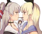 3girls absurdres amatsukaze_(kantai_collection) armadillo-tokage blonde_hair blurry blush_stickers brown_eyes brown_hair choker chromatic_aberration eye_contact hairband highres kantai_collection long_hair looking_at_another multiple_girls pocky pocky_day pocky_kiss sailor_collar sailor_dress shared_food shimakaze_(kantai_collection) silver_hair smile sweatdrop yukikaze_(kantai_collection) 