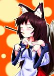  1girl animal_ears blush breasts brooch brown_hair closed_eyes collarbone dress food food_in_mouth imaizumi_kagerou jewelry long_hair long_sleeves pocky pocky_day solo tail tail_wagging touhou wolf_ears wolf_tail 