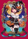  1girl bare_shoulders black_hair breasts cleavage gloves halloween hat highres multicolored_hair original red_eyes redhead short_hair solo terai_(teraimorimori) thigh-highs two-tone_hair witch_hat 