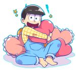  1boy brown_eyes brown_hair heart heart_in_mouth heart_pillow jyushimatsu male_focus open_mouth osomatsu-kun osomatsu-san overalls pillow pillow_hug sitting smile sousui_hani translation_request 