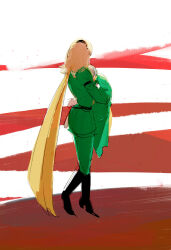  1girl baby back belt black_belt black_boots black_hairband blonde_hair boots coat cyborg cyborg_009 francoise_arnoul green_coat green_pants grey_hair gun hairband highres holding_baby ivan_whisky long_hair manodemarina pants scarf short_hair weapon yellow_scarf 