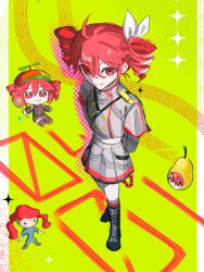 ahoge arm_behind_back belt birthday black_belt black_boots boots bow candy cropped_shirt dual_persona food full_body green_background grey_jacket grey_skirt hair_between_eyes hair_bow hair_ribbon highres igaku_(utau) jacket kasane_teto kasane_teto_(sv) kneehighs lace-up_boots layered_sleeves lollipop midriff musical_staff musical_staff_print pearto red_eyes red_hair red_skirt red_socks red_trim ribbon shoulder_belt shoulder_boards skirt smile socks standing striped_clothes striped_jacket striped_skirt swirl_lollipop synthesizer_v tdinhphung twin_drills twintails utau white_bow white_ribbon