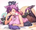  1girl ;d animal_ears animal_on_back animal_on_head animal_on_shoulder bell blush breasts cat cat_ears gebyy-terar large_breasts long_hair looking_at_viewer lying no_shoes on_stomach one_eye_closed open_mouth original pantyhose purple_hair short_shorts shorts sleeveless smile solo tail tail_bell tail_ornament too_many too_many_cats yarnball 