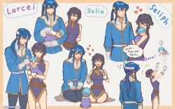  absurdres baby baby_bottle belt bib black_hair blue_hair border bottle closed_eyes collage commission commissioner_upload english_text family father_and_daughter feeding fire_emblem fire_emblem:_genealogy_of_the_holy_war gloves headband heart highres holding_baby hug if_they_mated kneeling larcei_(fire_emblem) mother_and_daughter onesie pacifier pomme_(lazzledazzle) ponytail purple_tunic selia seliph_(fire_emblem) sidelocks sitting sleeping smile standing throwing toy tunic white_background white_headband 