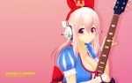  1girl 3d blush bow breasts guitar hair_bow headphones highres instrument large_breasts long_hair looking_at_viewer mascot nitroplus pink_hair puffy_sleeves red_eyes smile snow_white_and_the_seven_dwarfs solo super_sonico wallpaper 