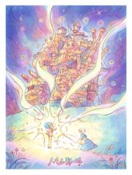  1boy 1girl architecture blue_dress blue_hair building complex_exterior couple dress flower from_side glowing grass highres howl_(howl_no_ugoku_shiro) howl_no_ugoku_shiro night on_grass outdoors pants short_hair sky sophie_(howl_no_ugoku_shiro) star_(sky) star_(symbol) yusra 