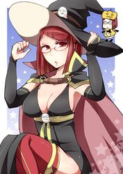  1girl breasts cape cleavage fire_emblem fire_emblem:_kakusei glasses hat miriel_(fire_emblem) pumpkin redhead short_hair shougayaki_(kabayaki_3) witch_hat 