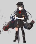  1girl black_hair boots eight_tohyama gloves hair_ribbon hat high_heel_boots high_heels isokaze_(kantai_collection) kantai_collection long_hair looking_at_viewer military military_uniform red_eyes ribbon sheath single_thighhigh smile solo thigh-highs uniform 